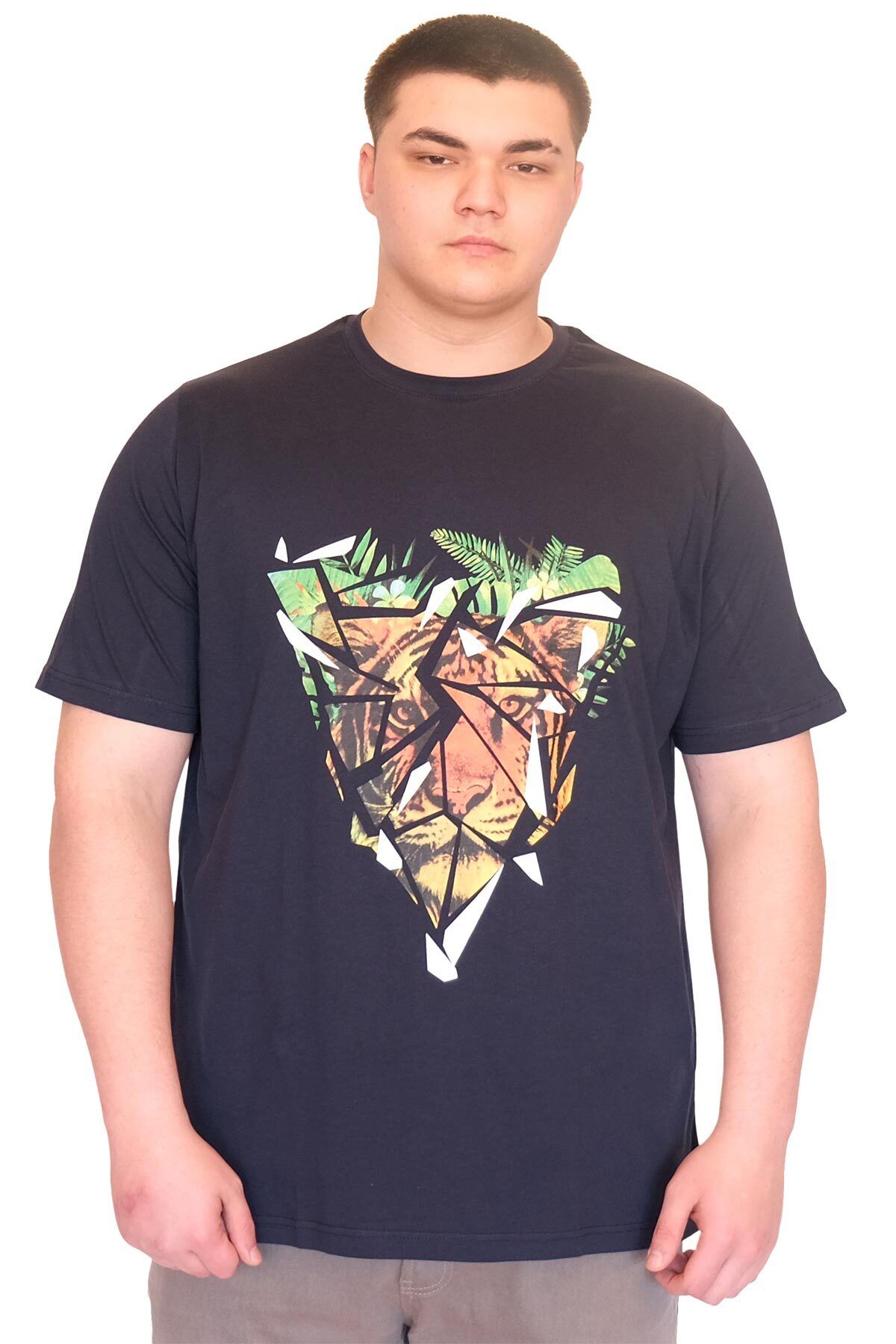 ModeXL Mode XL Büyük Beden Erkek T-Shirt Bisiklet Yaka TIGER Baskılı U25007 Lacivert