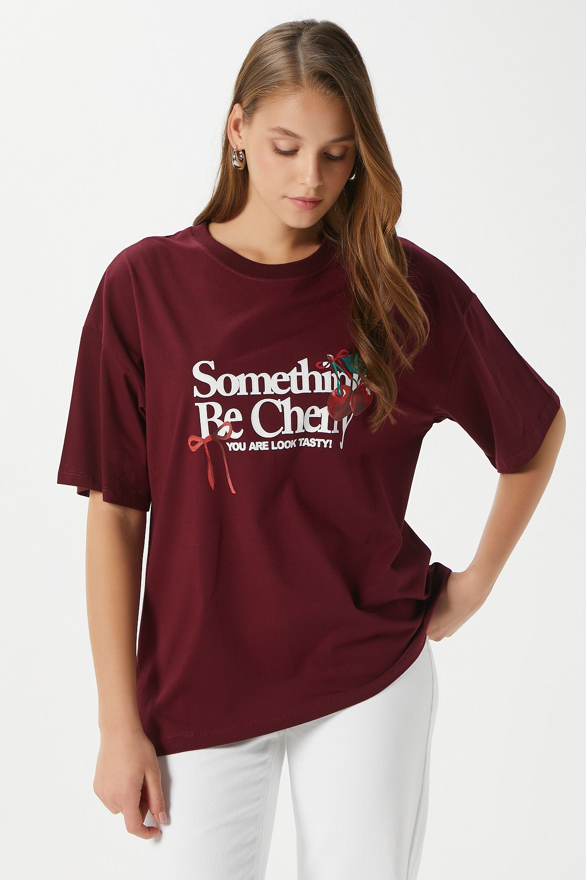 Ritnice Kadın Something Kiraz Baskılı Bordo Oversize T-Shirt