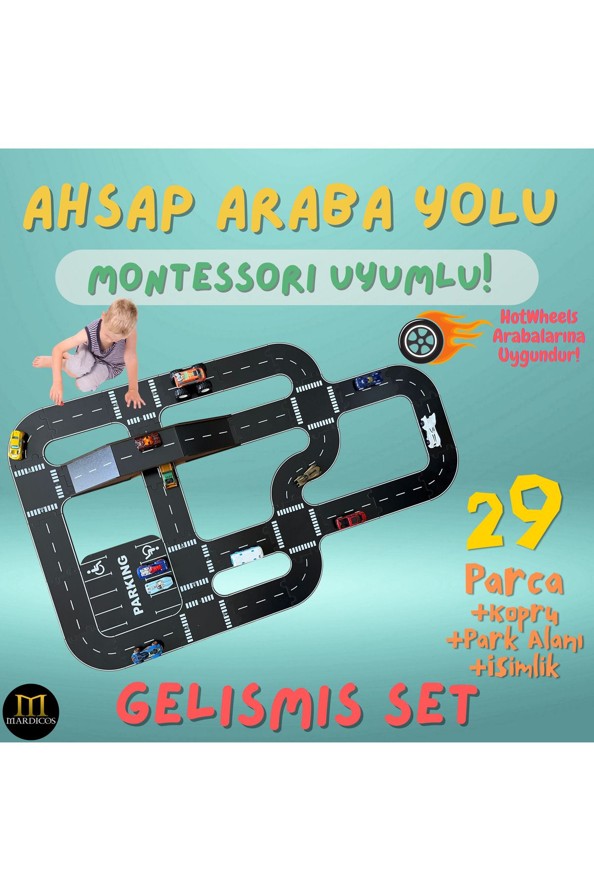 Mardicos Montessori Uyumlu Ahşap Araba Yolu Seti – Kur, Oyna, Keşfet!