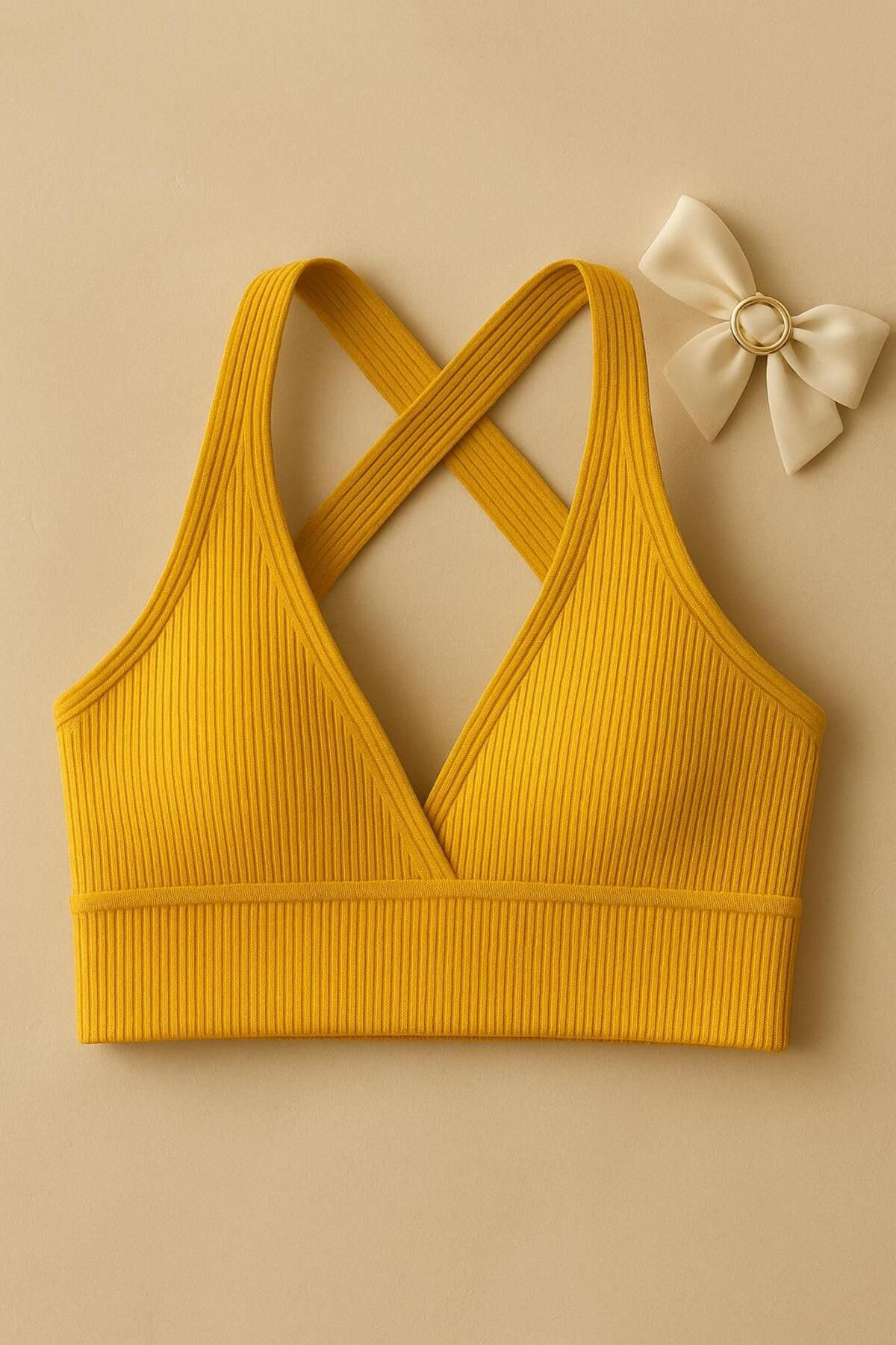 Stail Moda Kadın Sarı Kaşkorse KUMAŞ Çapraz Sırt Detaylı Şık Crop Top Bluz2025