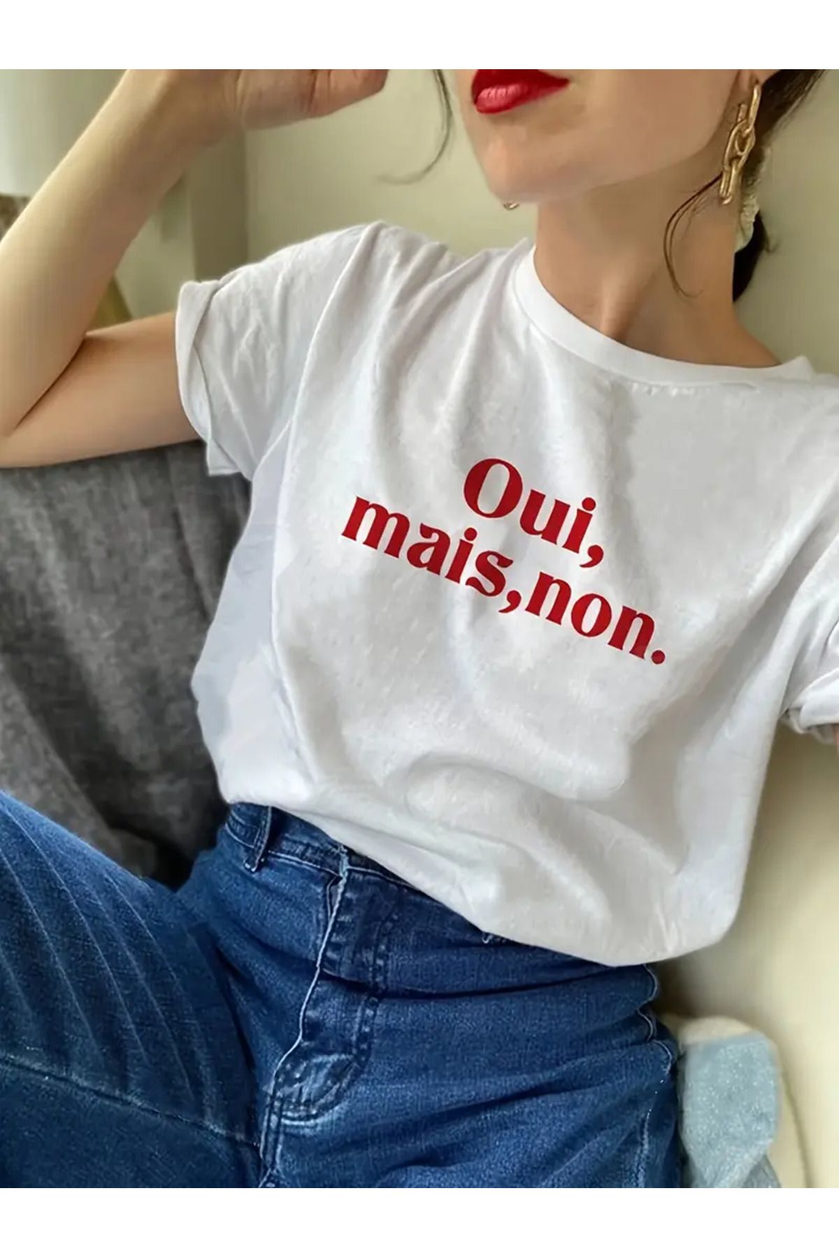 AEMİ Unisex Oui Mais Non Baskılı %100 Pamuk Oversize T-shirt