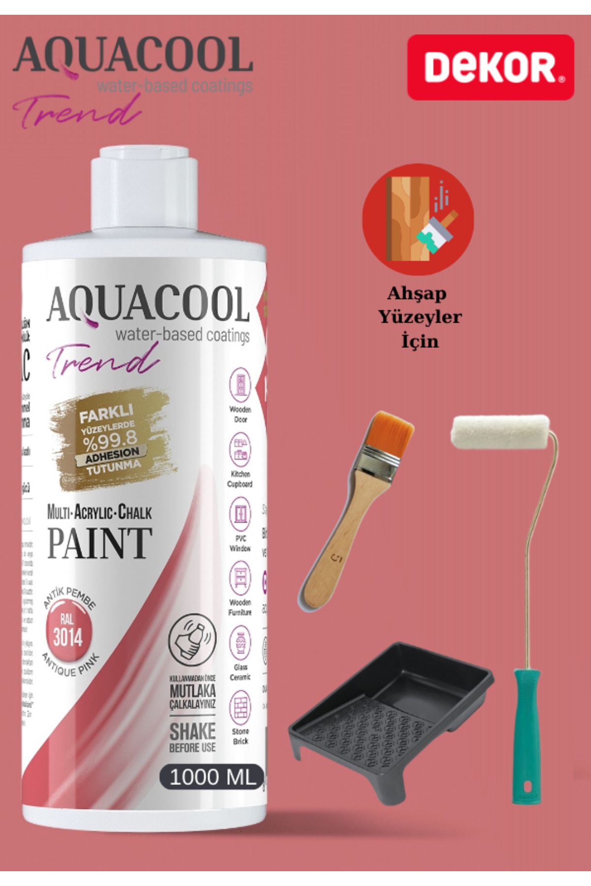 Aquacool Trend Aquacool 1000 ml Ahşap Dönüşüm Boyama Seti Kadife Rulo, Boyacı Tavası, Fırça Ral 3014 Dolap Boyası