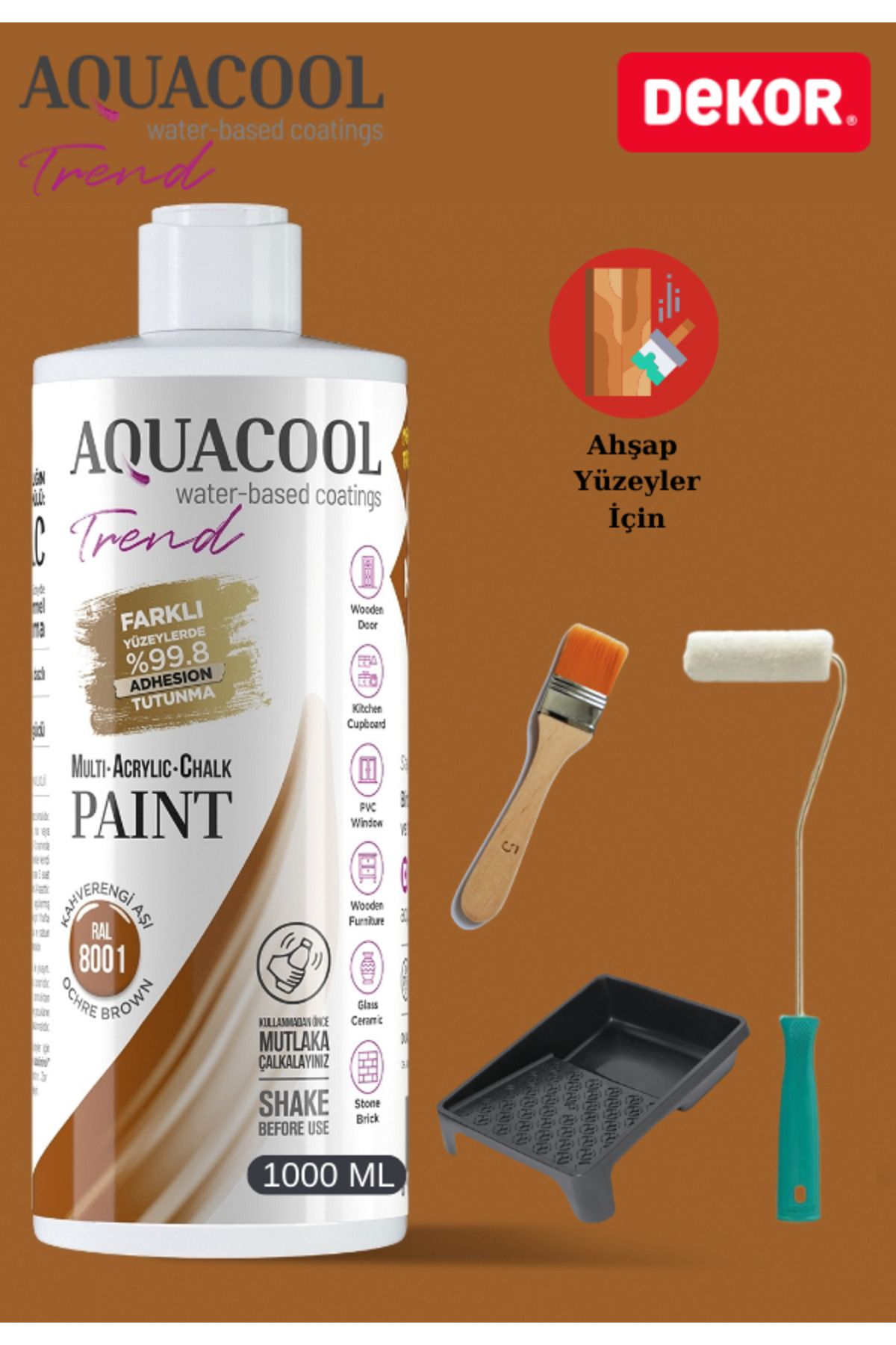 Aquacool Trend Aquacool 1000 ml Ahşap Dönüşüm Boyama Seti Kadife Rulo, Boyacı Tavası, Fırça Ral 8001 Dolap Boyası