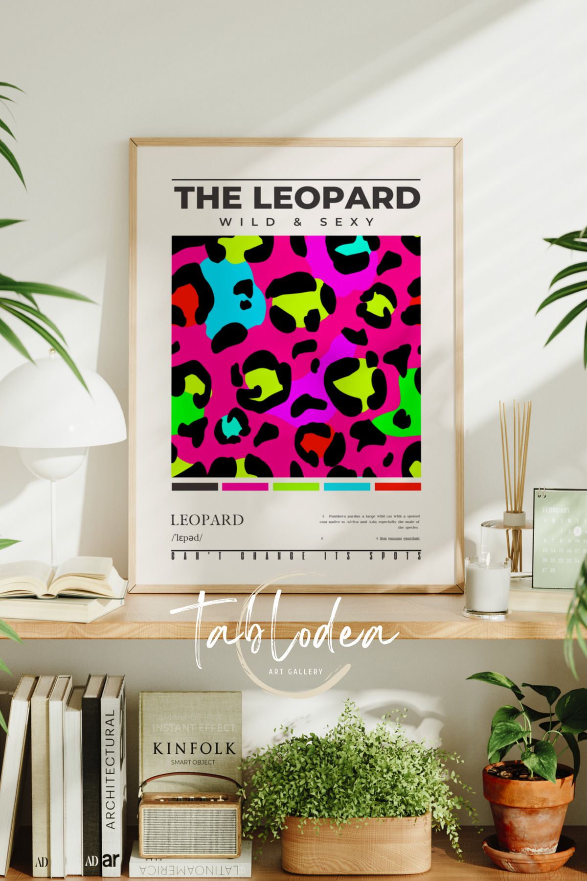 tablodea The Leopard Neon Renkli Modern Çerçeveli Poster Tablo, Yazılı Leopar Desenli Dekoratif Retro Tablo