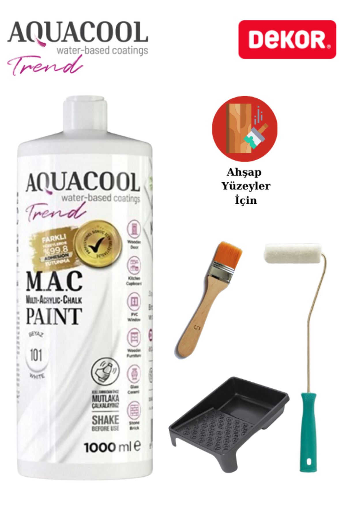 Aquacool Trend Aquacool 1000 ml Ahşap Dönüşüm Boyama Seti Kadife Rulo, Boyacı Tavası, Fırça Beyaz Dolap Boyası