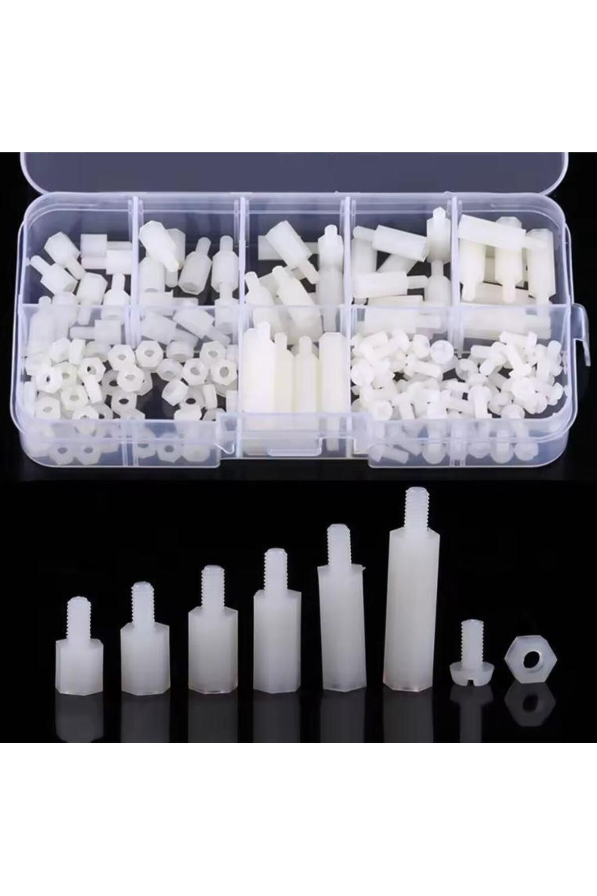 Hatfon Elektronik 180 Adet M3 Plastik Distans Vida Somun Seti Beyaz Aralıyıcı Stand off 8 Çeşit Şeffaf Çantada