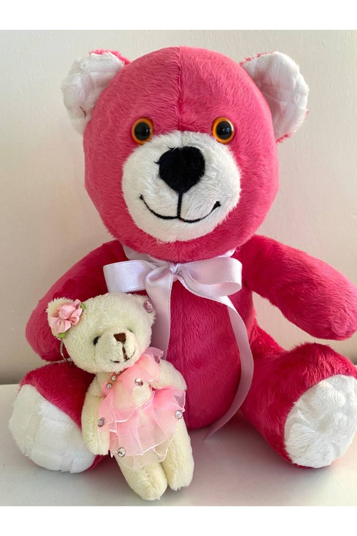 ayıcık Anne Kız Peluş Ayıcık Seti – Fuşya Büyük Ayı & Elbiseli Mini Oyuncak