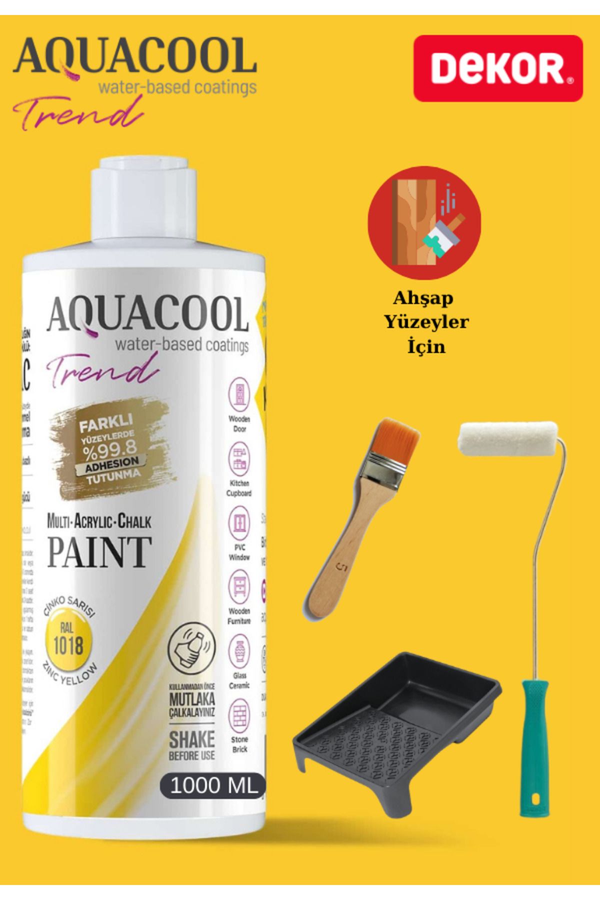 Aquacool Trend Aquacool 1000 ml Ahşap Dönüşüm Boyama Seti Kadife Rulo, Boyacı Tavası, Fırça Ral 1018 Dolap Boyası
