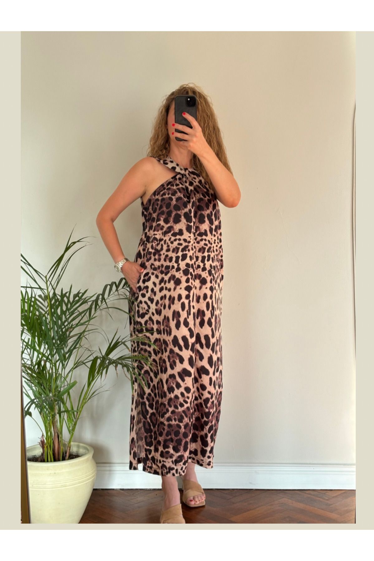 Peja Butik Kadın Boyun Detaylı Leopar Elbise