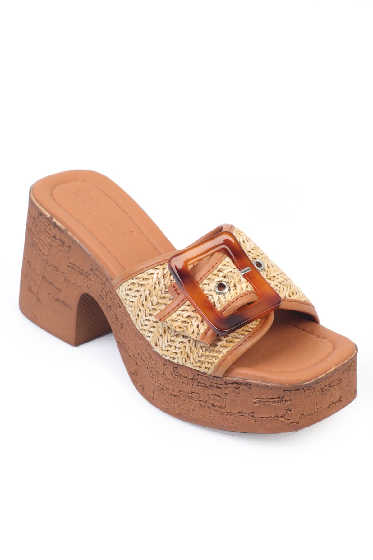 Capone Outfitters Tracey Platform Leopar Tokalı Hasır Tek Bantlı Kadın Terlik