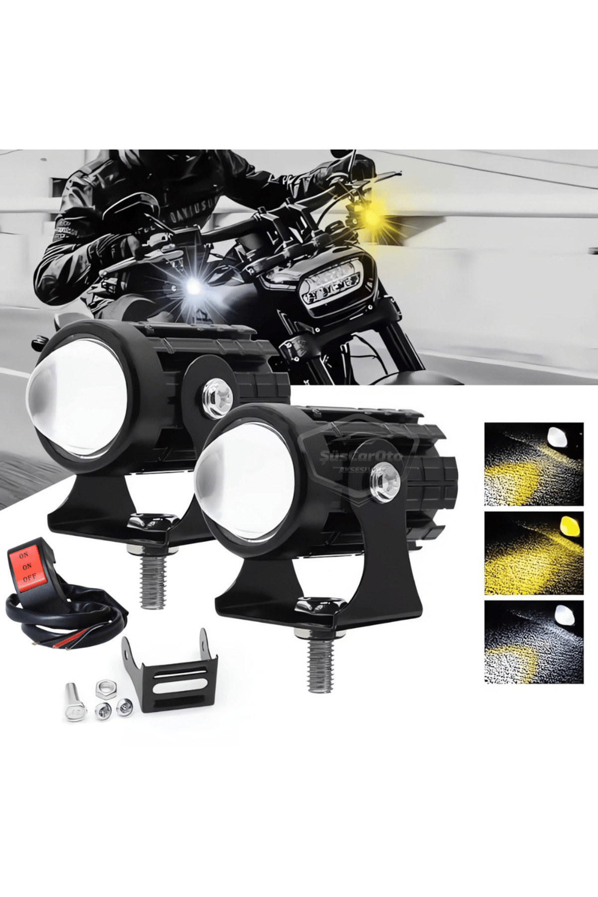 ŞüsCarOto Aksesuar Motosiklet Sis Farı Çift Renk Sarı-Beyaz Düğmeli Scooter Araç Led Lamba 8V-80V Projektör Metal 2 Ad