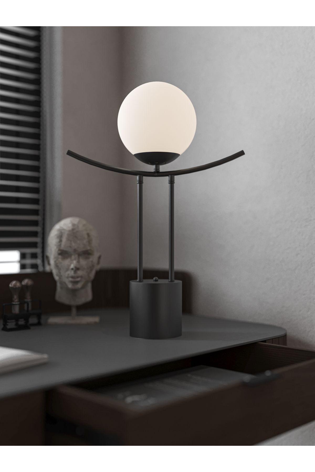 avizade Modern Siyah Metal Gövdeli Küre Başlıklı LED Uyumlu Masa Lambası - Minimalist Tasarım