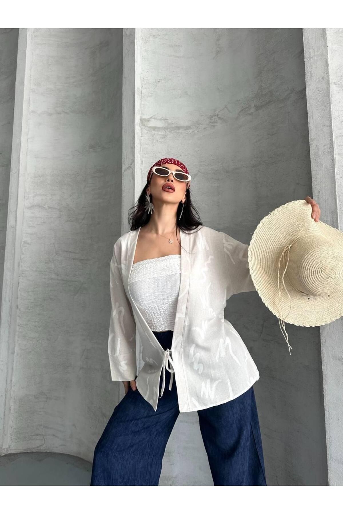 DİMA FASHİON Kadın Desenli Keten Bağlamalı Kimono