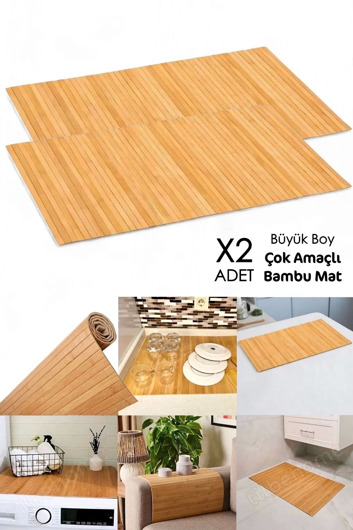 Berdina Home 2li Naturel Bambu Banyo Matı Kaydırmaz Çamaşır Makinası Üstü Örtüsü Mutfak Bulaşık Matı Su Geçirmez