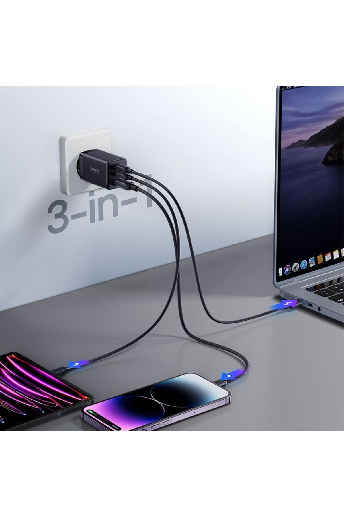 REDz Accessories-Adaptor de priză 65w tip C, cablu 3 în 1, Joyroom Jr-tcg01, 2 porturi USB x tip C, negru 2