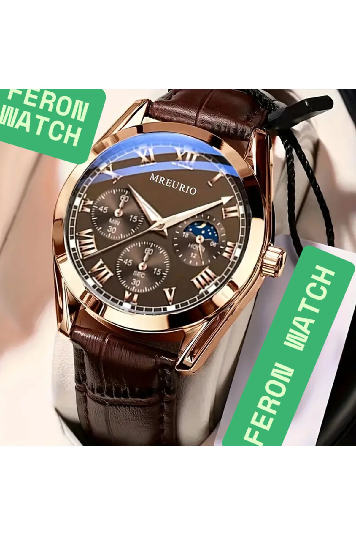 Feron accessories Erkek Kol Saati Seti Deri Kordonlu Analog Takvimli Klasik Saat