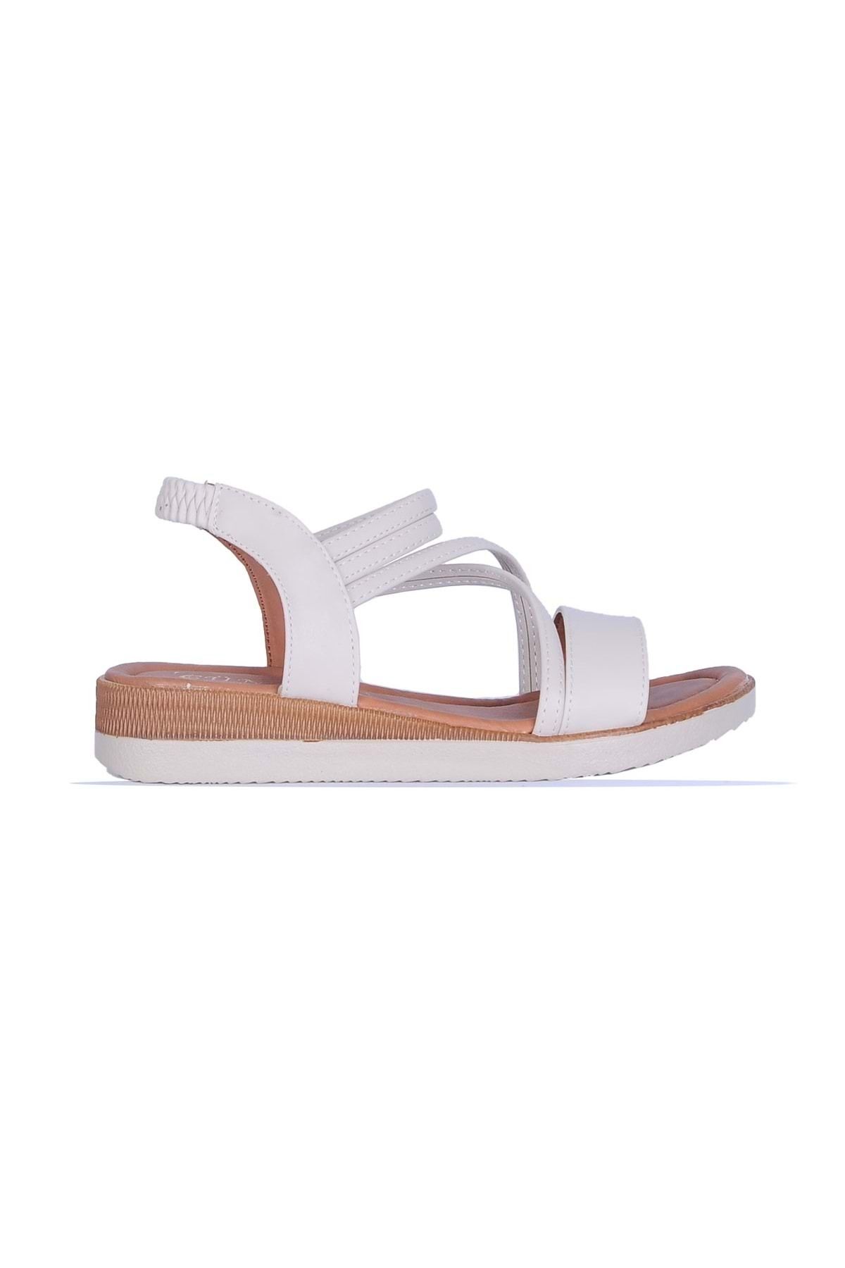 moda ayakkabım Moda Ayakkabı 850 Syh-Krem Düz Sandalet Ayakkabı
