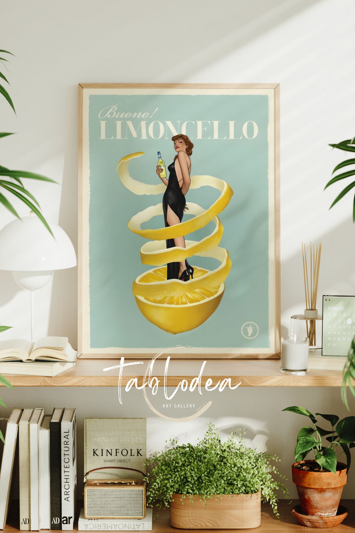 tablodea Limon Desenli Modern Çerçeveli Poster Tablo, Woman Retro Dekoratif Vintage Kafe Bar Duvar Tablosu