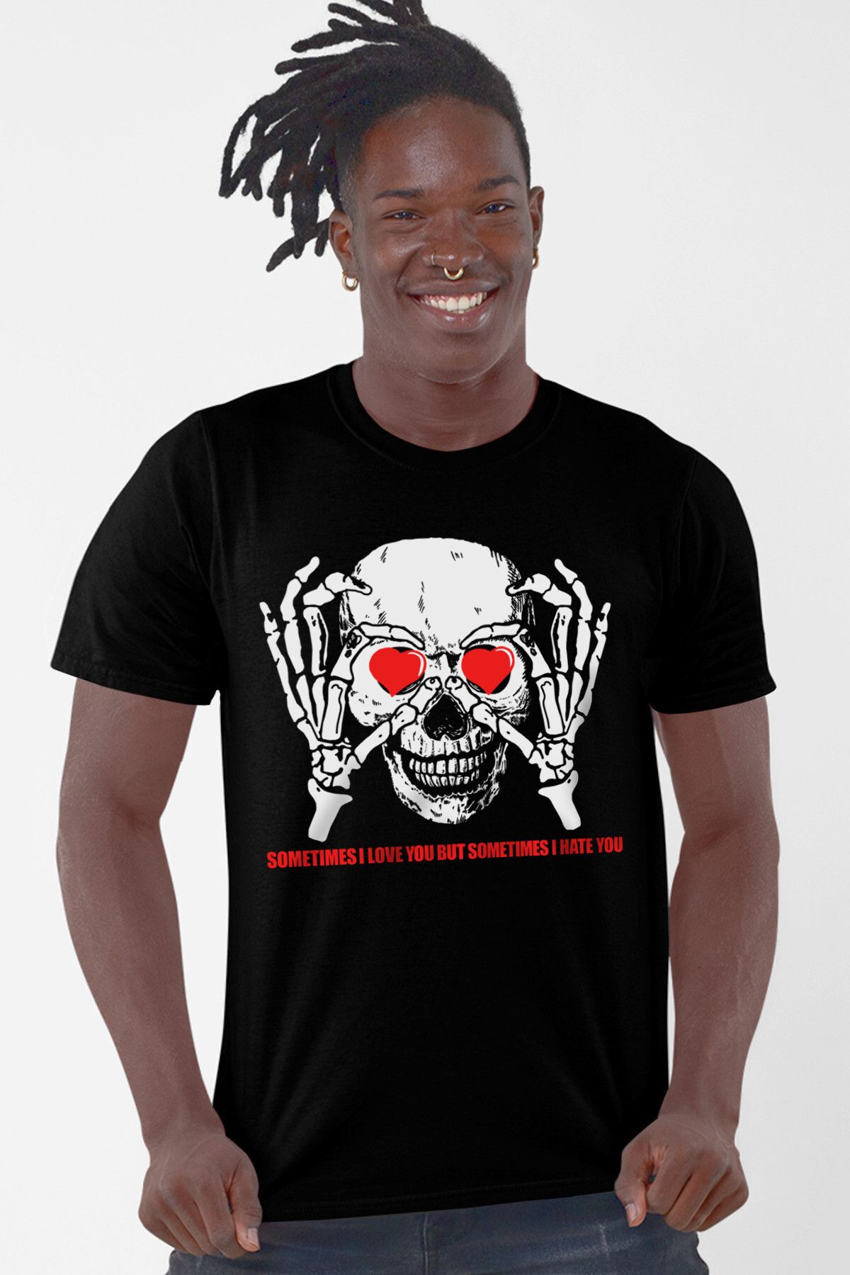 ROCKANDROLL Kalp Gözler Siyah Kısa Kollu Erkek T-shirt