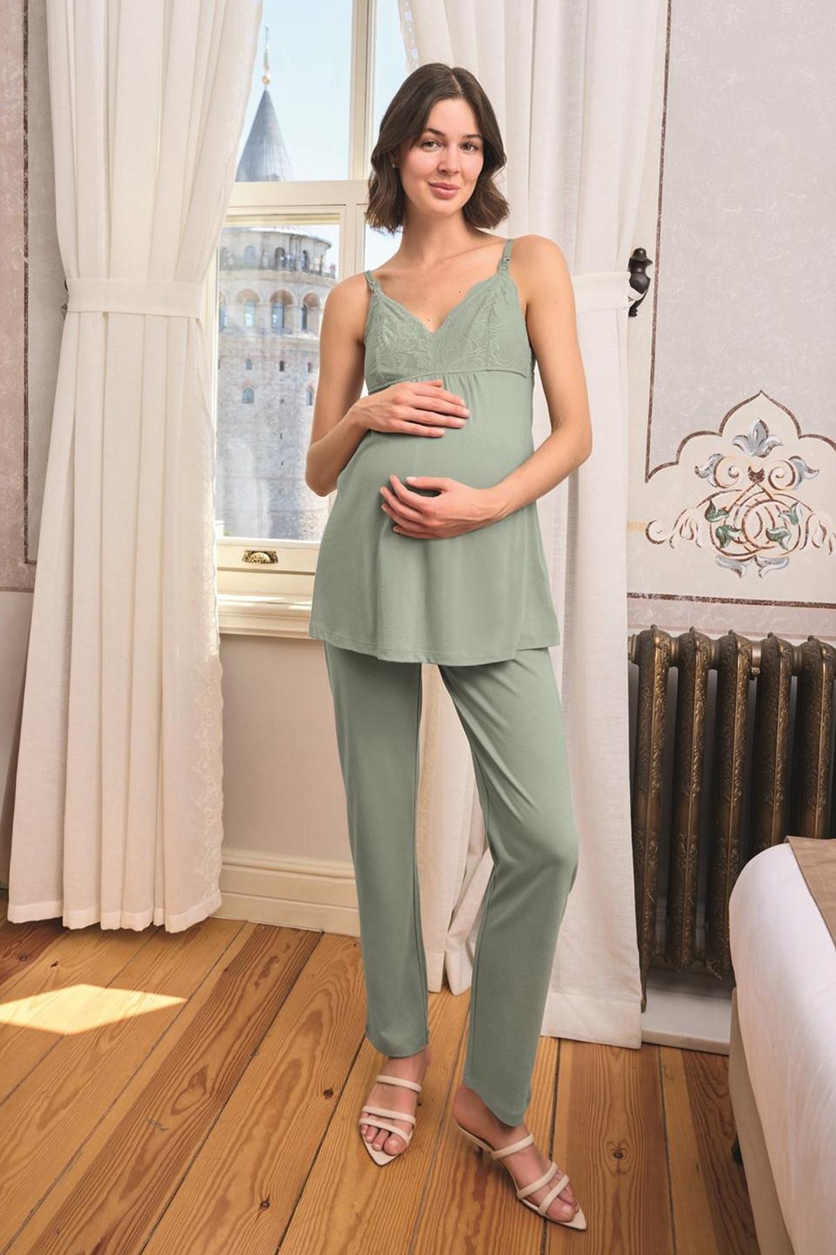 Lohussa-Monamise Women's Special Designflower and Leaf Pattern Lace Pregnant Maternity 3 Piece Pajamas Set 24164 4
