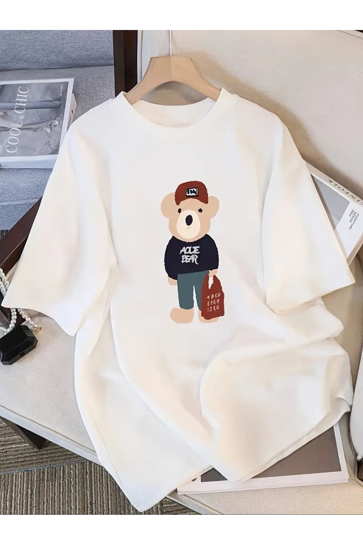 AEMİ Unisex Bear Baskılı %100 Pamuk Oversize T-shirt
