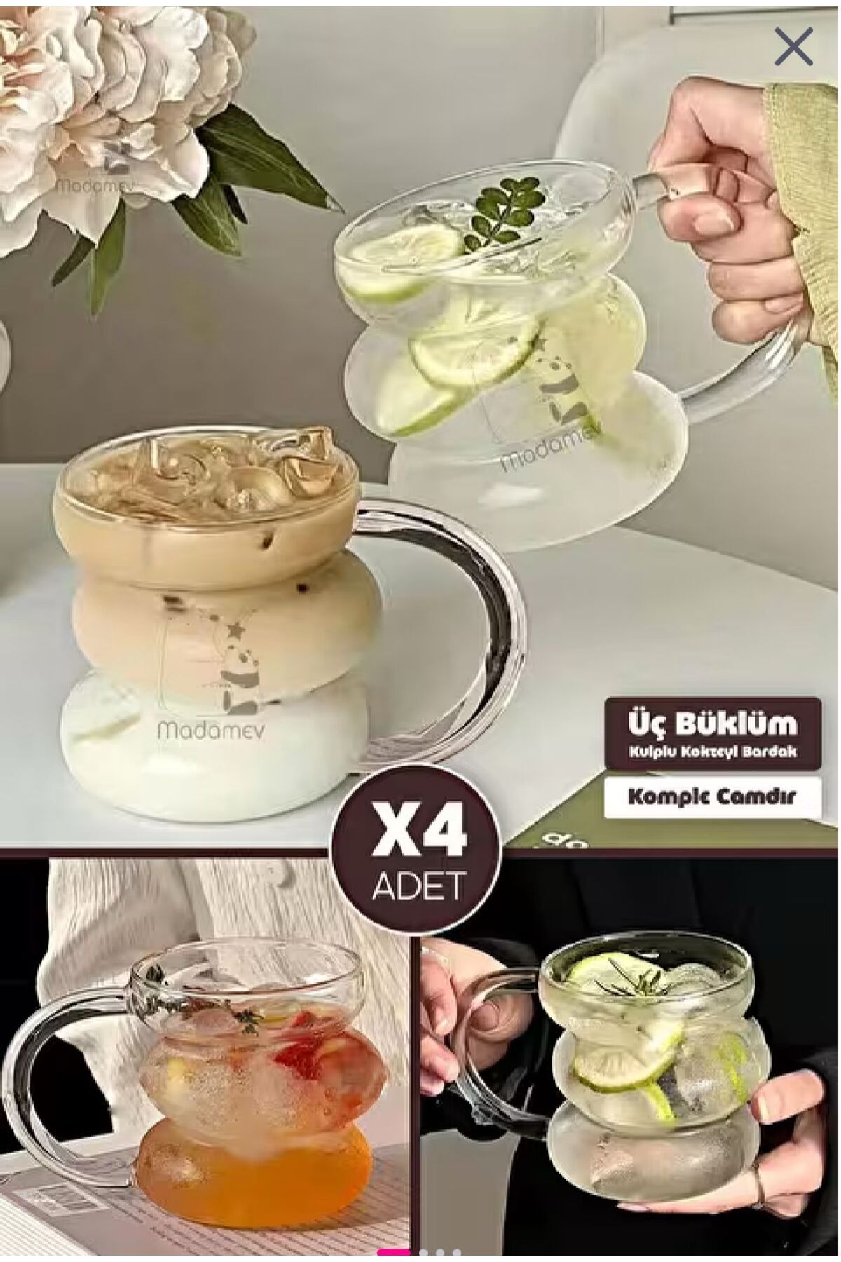 Janset 4 adet cam kupa 350 ml Çay kahve kupası boğumlu kupa bardak, soğuk kahve