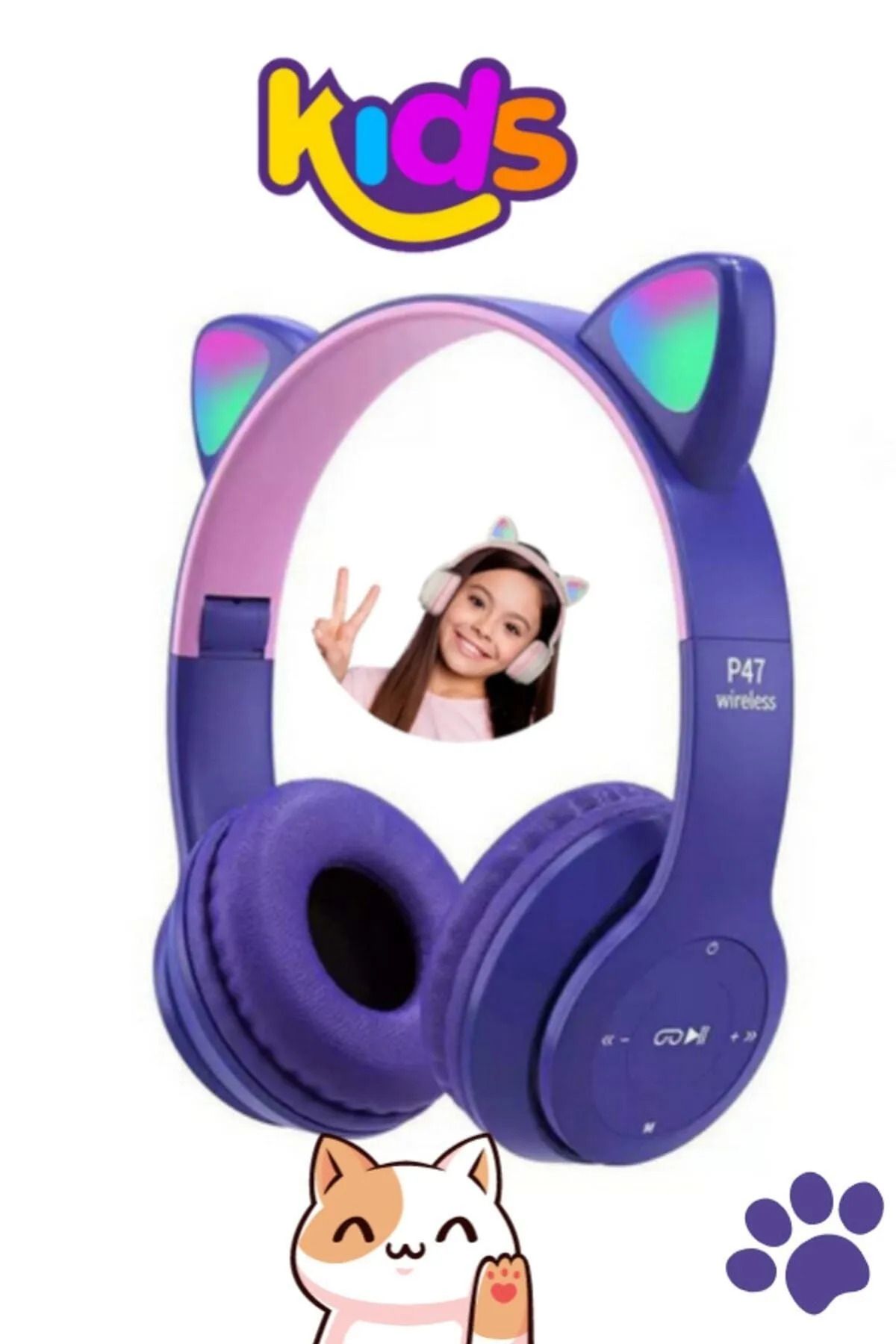 ELROND Mor Renk Kedi Kulağı Detaylı Uyumlu Bluetooth Kablosuz Kulaklık Çocuk Oyuncu