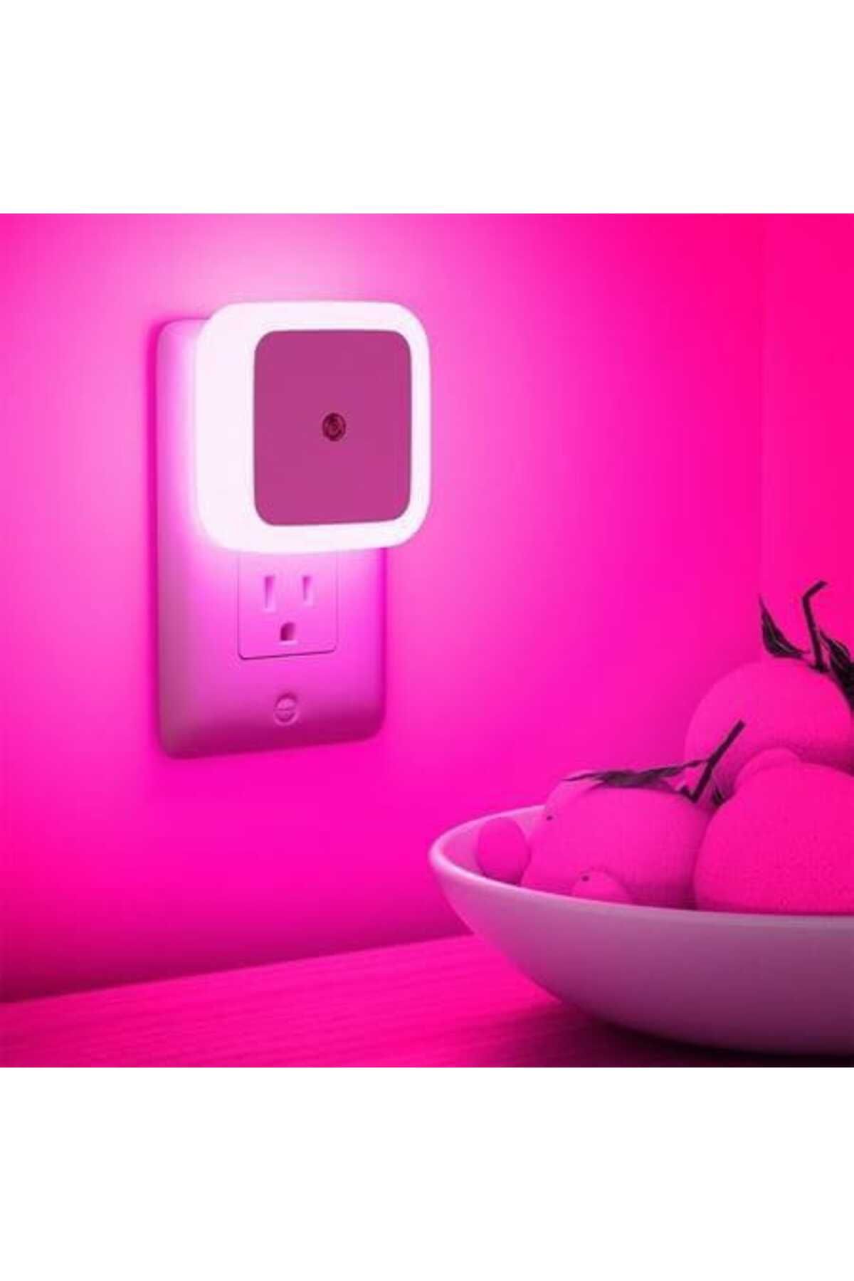 fullreyon Fotoselli Led Gece Lambası, Pembe Renk Sensörlü Gece Lambası, 1 Watt Pembe Renk Led Gece Lambası