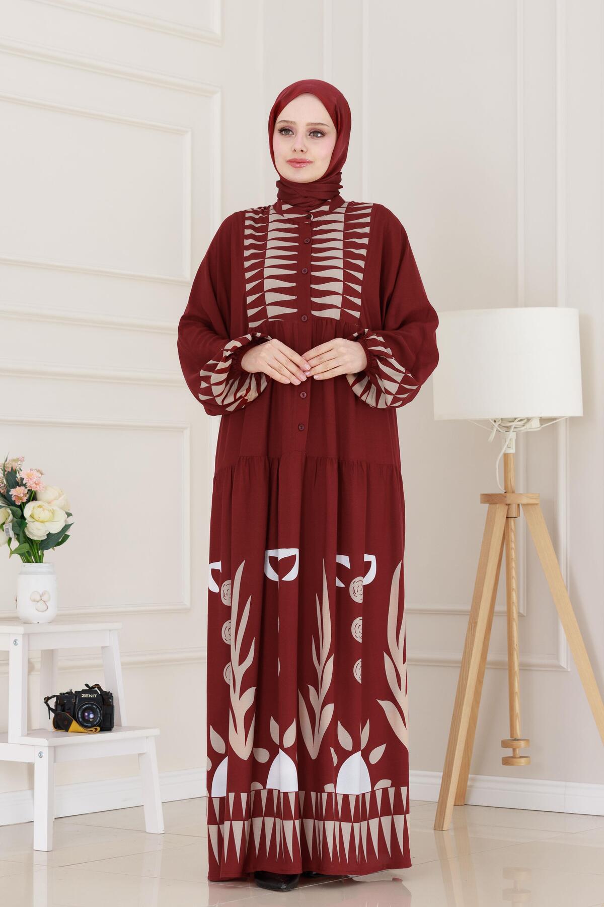 Sevitli Half Button Robe Hülya Dress-Burgundy