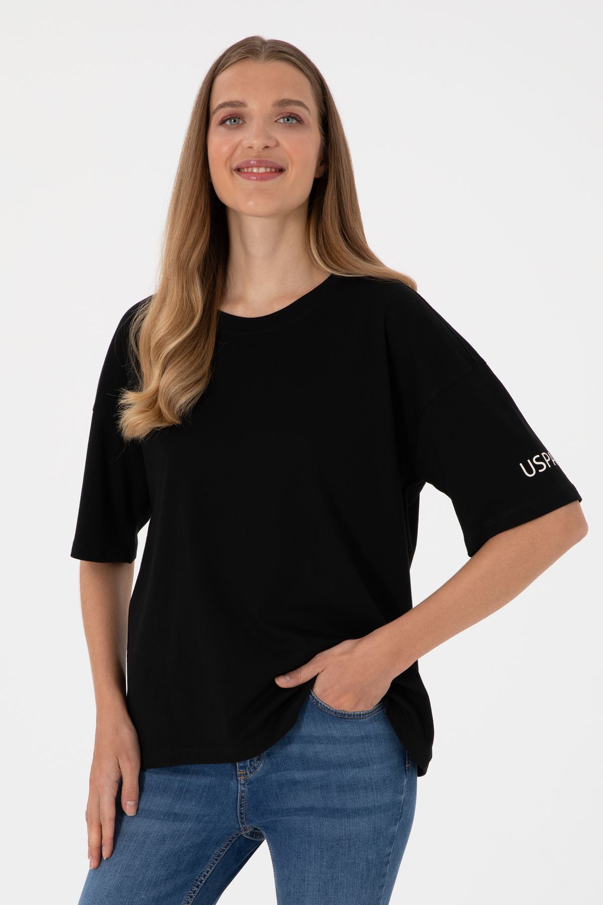 U.S. Polo Assn. Kadın Siyah Oversize Bisiklet Yaka Tişört 50305775-VR046