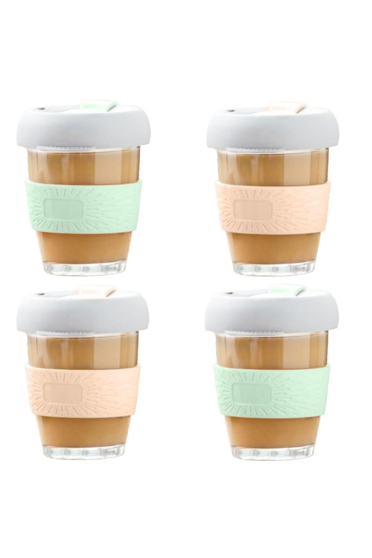 Quasar & Co. Set 4 Pahare Cafea/ceai , Model To Go, Capac Din Silicon, Sticla, 4x320 Ml, Multicolor - One Size