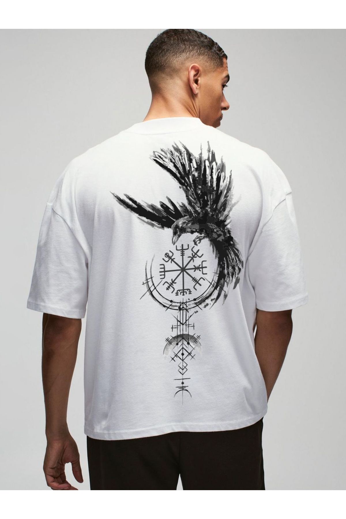 Plaza Butik Viking Kuzgun Baskılı Oversize Tshirt