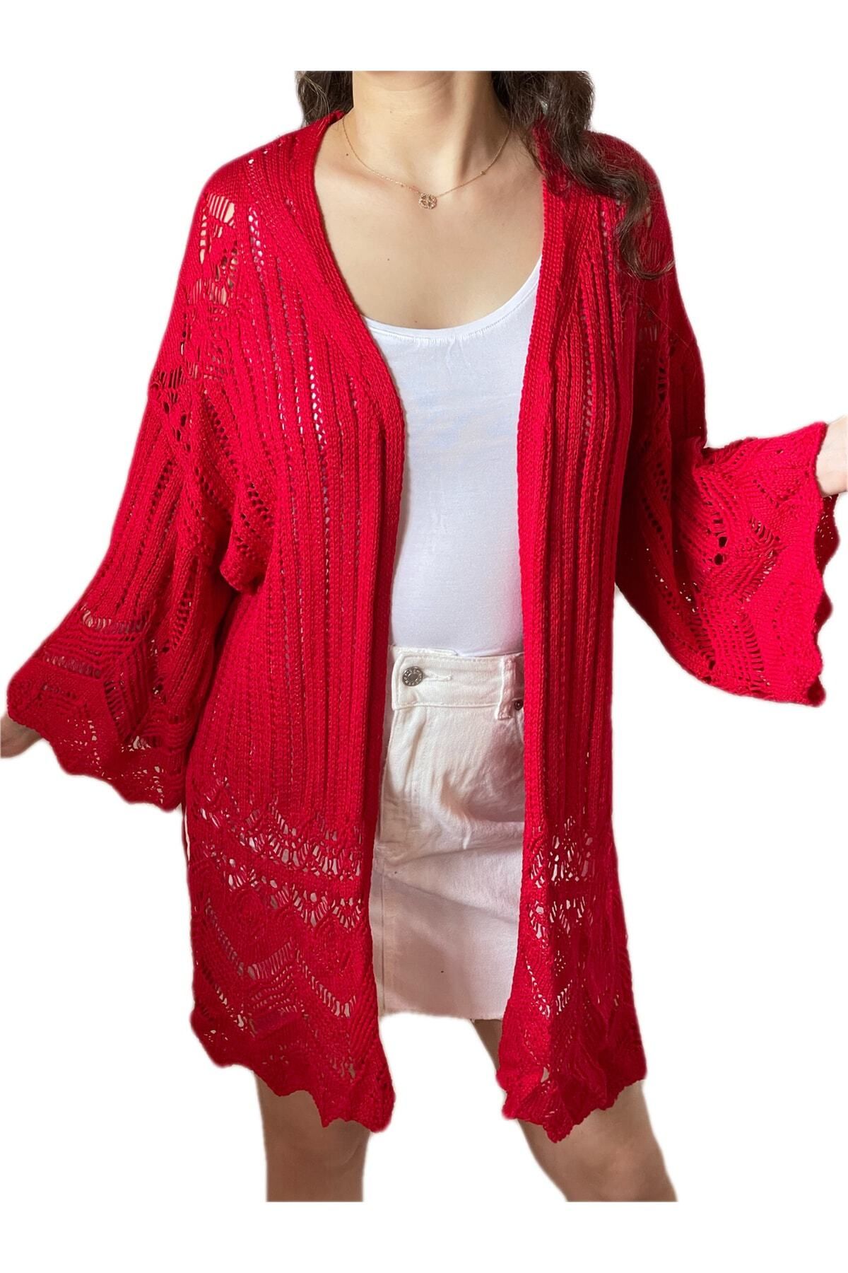 Şahika Gürkan To The Moon & Sun Kırmızı Ajurlu Tranparan Kimono Hırka