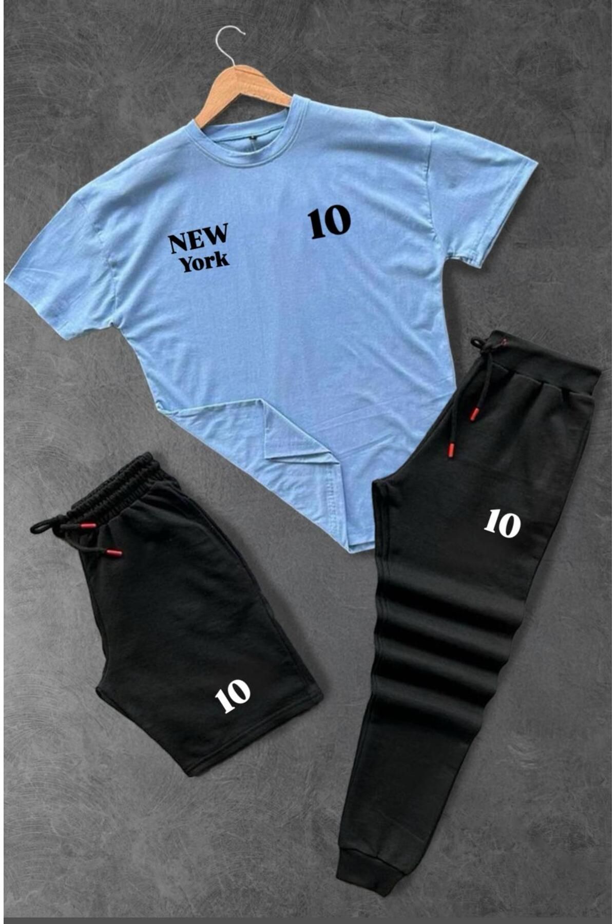 woonkey UNISEX OVERSİZE NEW 10 BASKILI BİSİKLET YAKA PENYE TİŞÖRT ŞORT EŞOFMAN 3'LÜ SET YAZLIK