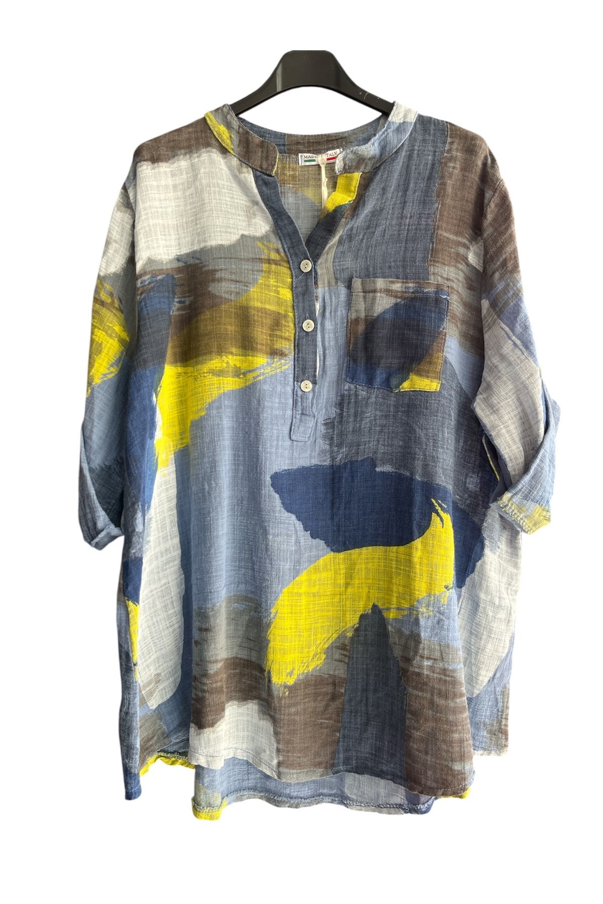 Park Moda kadın ıtalyan PATCHWORK desenli düğme detaylı katlanan yetim kollu % 100 pamuk bluz