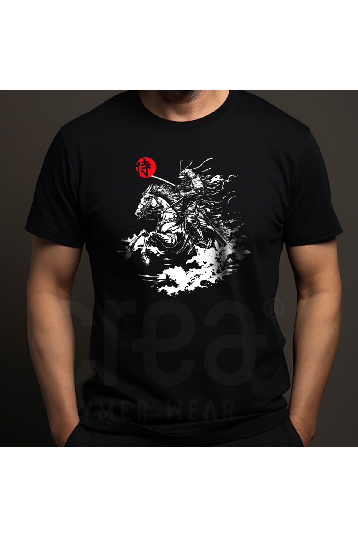 Crea Eymer Wear Samurai Tasarımlı Dijital Baskılı Pamuk Bisiklet Yaka Tişört Beyaz