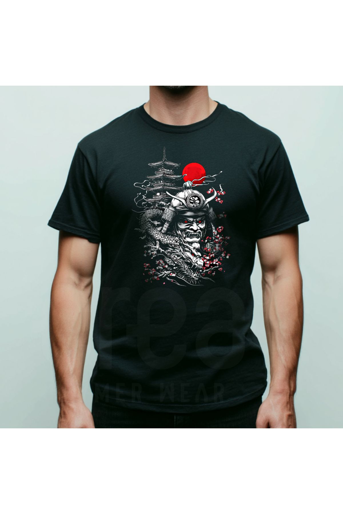 Crea Eymer Wear Samurai Tasarımlı Dijital Baskılı Pamuk Bisiklet Yaka Tişört Beyaz