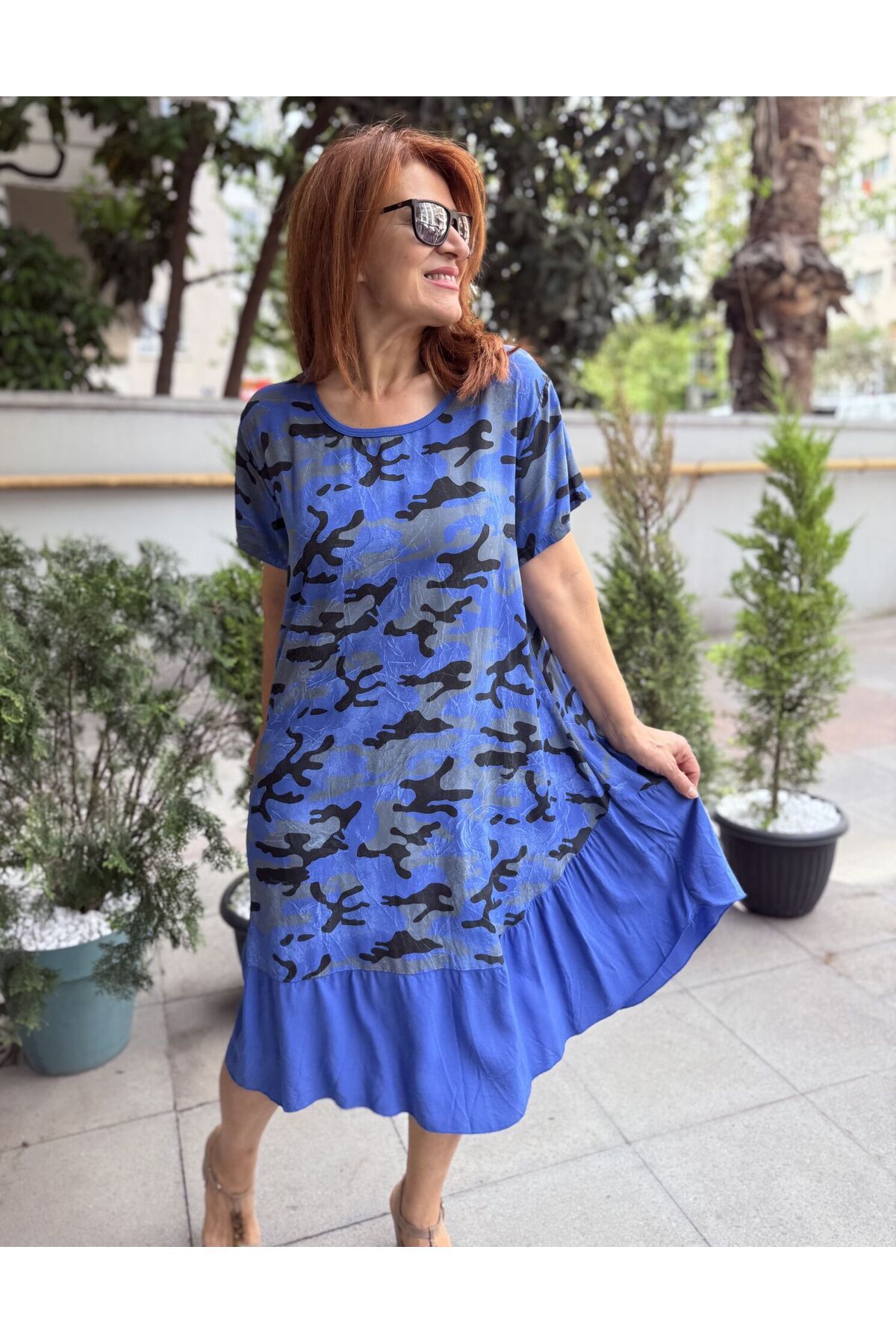 DenizEge İtalyan Kamuflaj Elbise Saks Mavi