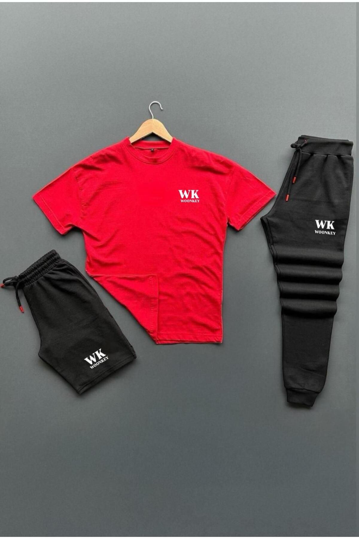 woonkey UNISEX OVERSİZE WK BASKILI BİSİKLET YAKA PENYE TİŞÖRT ŞORT EŞOFMAN 3'LÜ SET