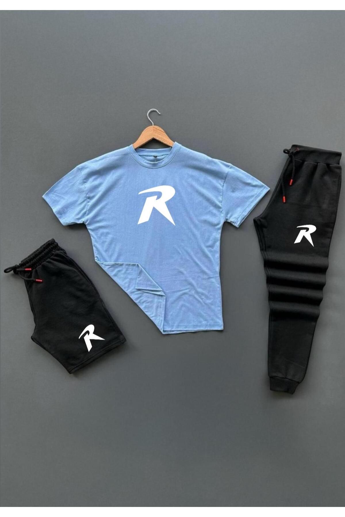 woonkey UNISEX OVERSİZE R BASKILI BİSİKLET YAKA PENYE TİŞÖRT ŞORT EŞOFMAN 3'LÜ SET YENİ SEZON