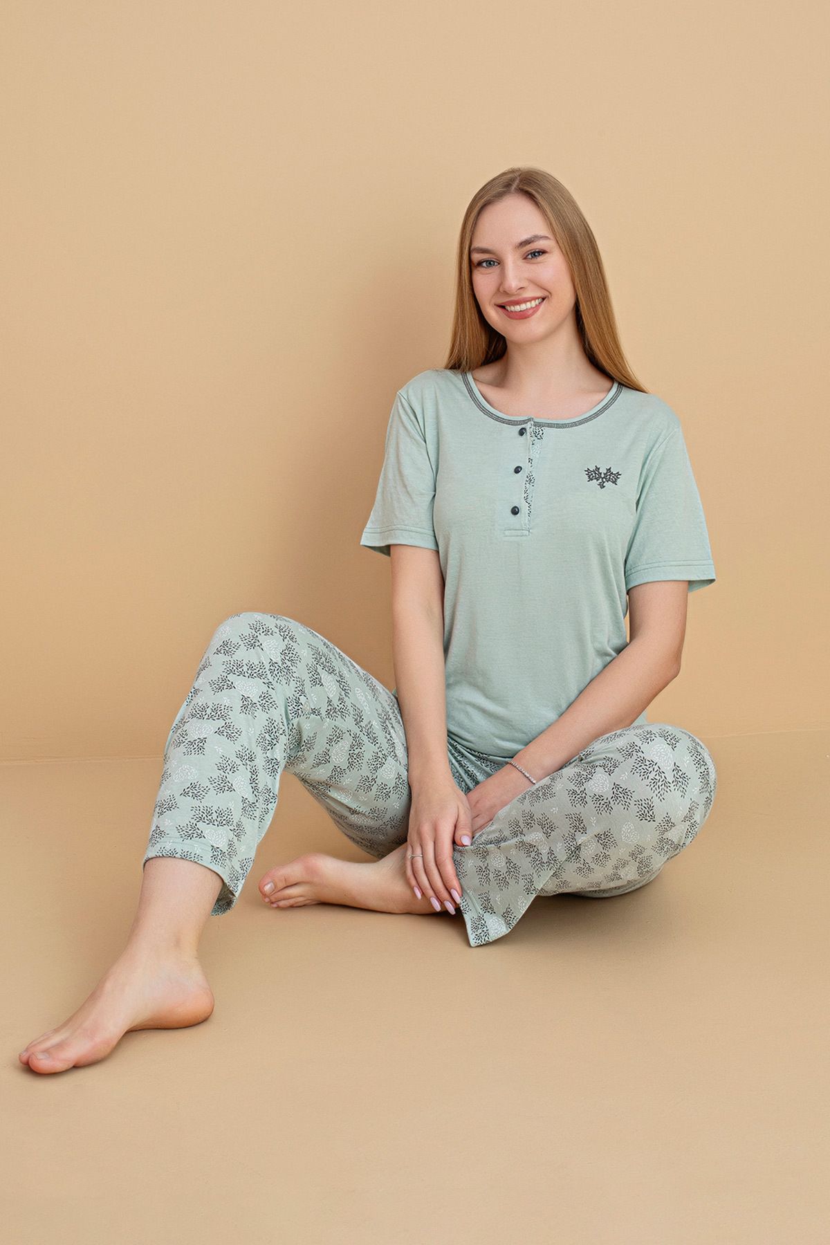 Fulla Moda Yaprak Desenli Kısa Kollu Pijama Takımı