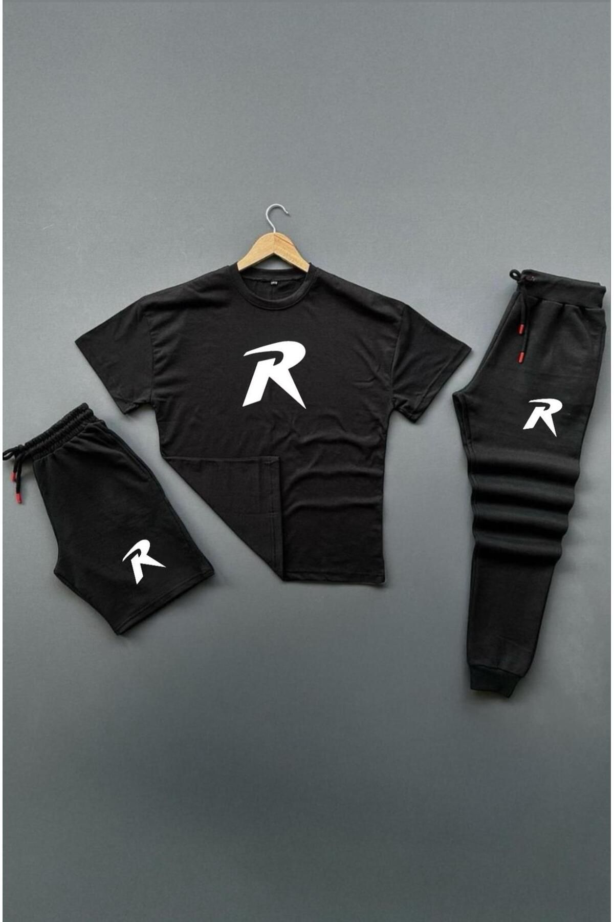 woonkey UNISEX OVERSİZE R BASKILI BİSİKLET YAKA PENYE TİŞÖRT ŞORT EŞOFMAN 3'LÜ SET YENİ SEZON