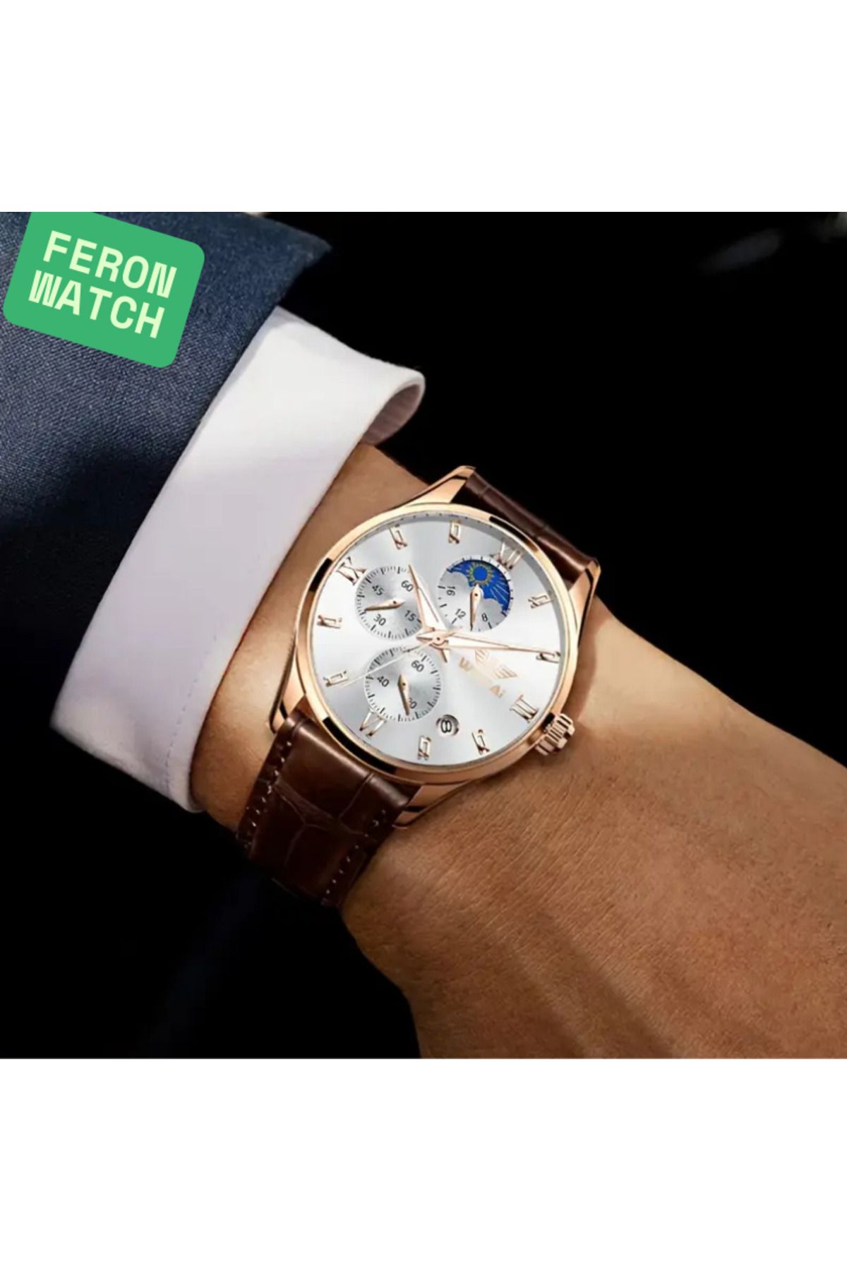 Feron accessories Deri Kordonlu Erkek Kol Saati Analog Takvimli Klasik Quartz Saat TM-0320