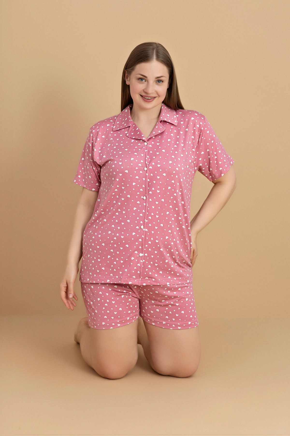 Fulla Moda Büyük Beden Kalp Baskılı Gömlek Yaka Şortlu Pijama Takımı