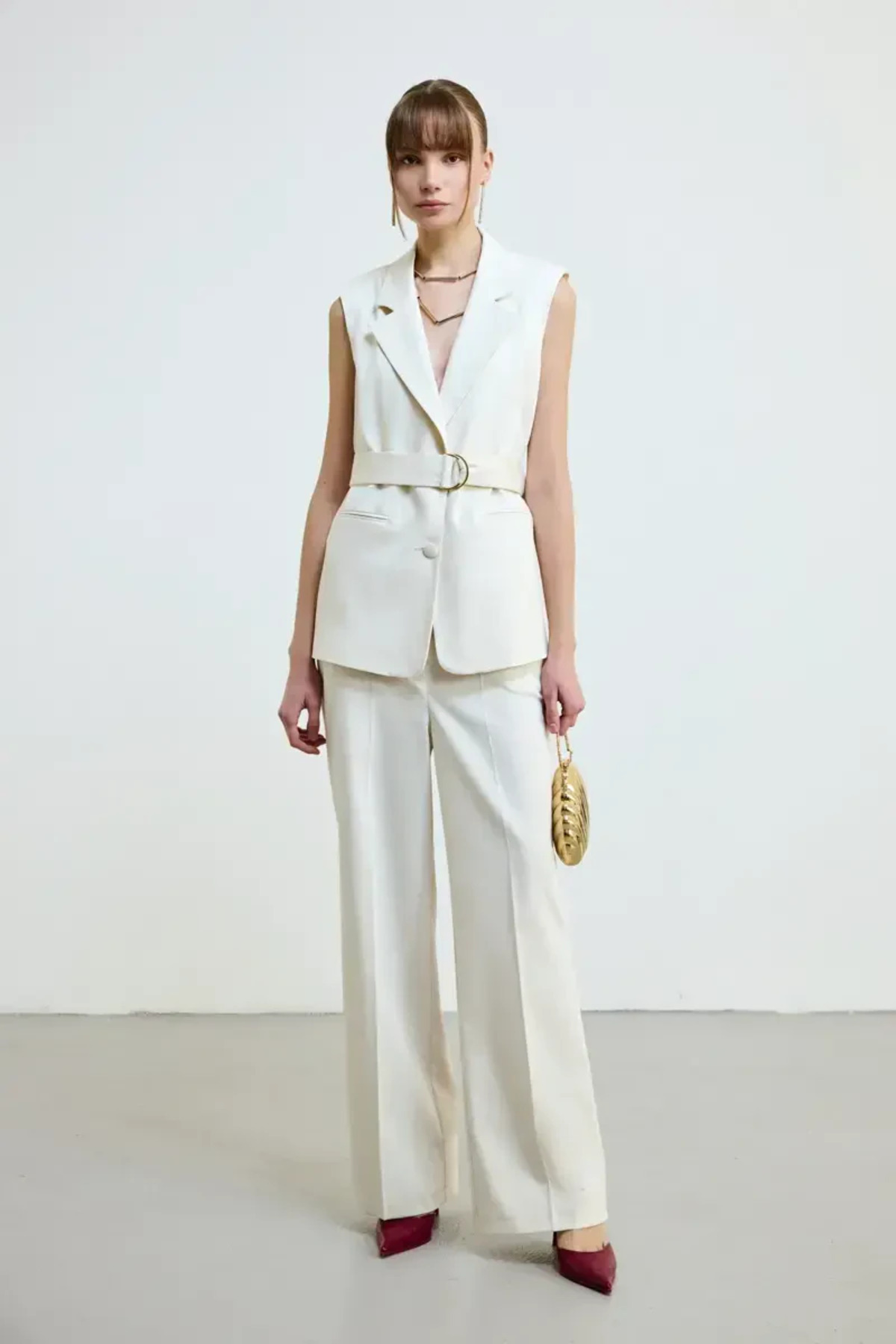 Gusto-Ecru Waist Belted Vest 2