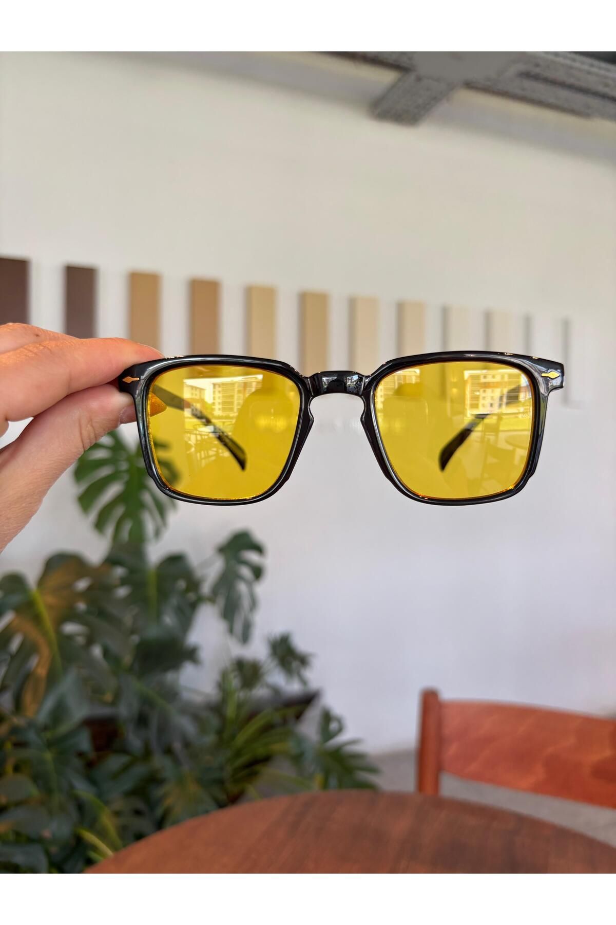 funeyes Anti Sarı Camlı Siyah Köşeli Güneş Gözlüğü Unisex Kadın erkek Gözlük