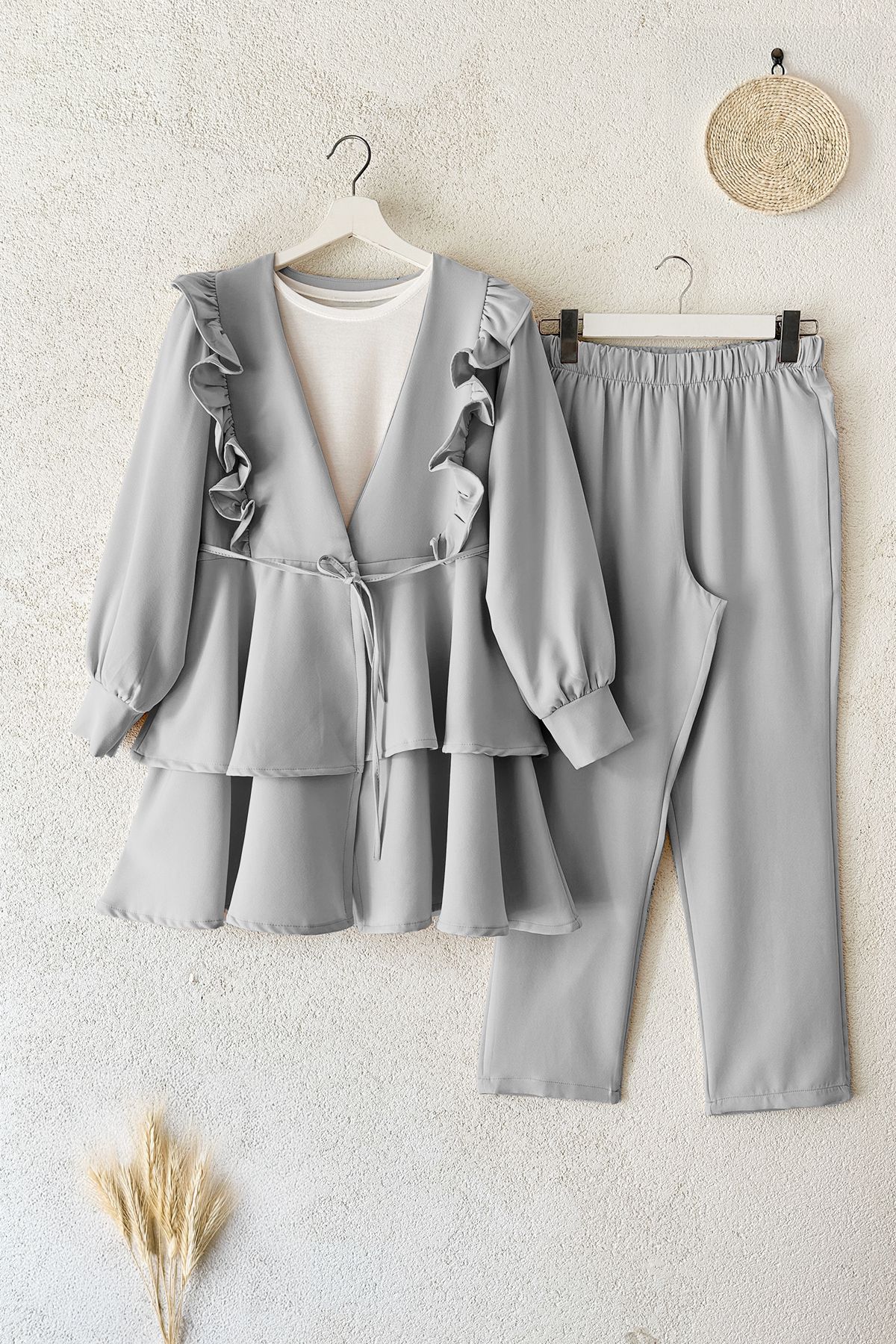MODAQU-Frilly Rope Belted Tunic Trousers Set - Gray 3