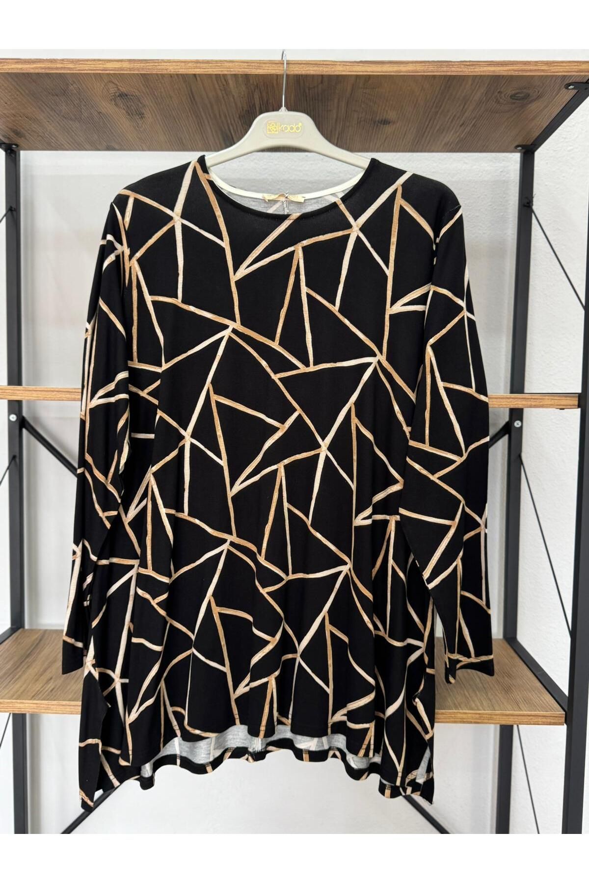 ÖZNE BUTİK Geometrik desen kadın %100 pamuklu bisiklet yaka A model penye tunik