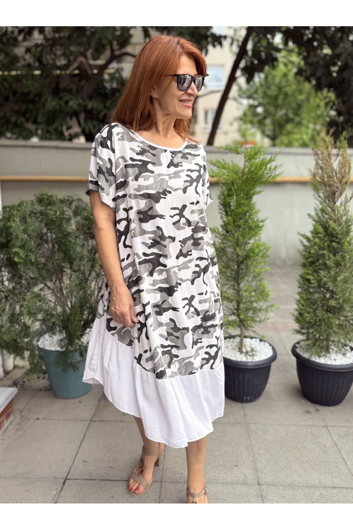 DenizEge İtalyan Kamuflaj Elbise Beyaz