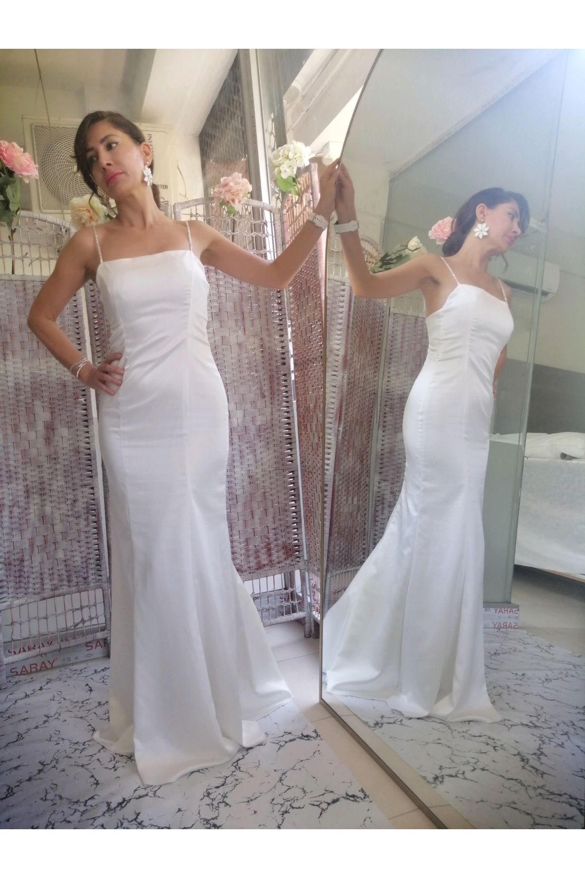 Lore&More Askılı Balık Nikah Nişan Saten Ekru Abiye Elbise